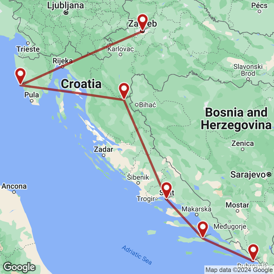 Route for Dubrovnik, Korcula, Split, Plitvice, Rovinj, Zagreb tour
